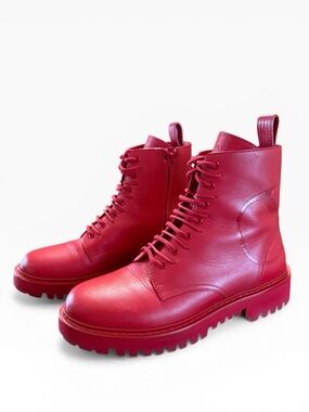 Valentino Garavani VLogo Red Leather Combat Boots Lug Sole Lace Up EU 38 US 8